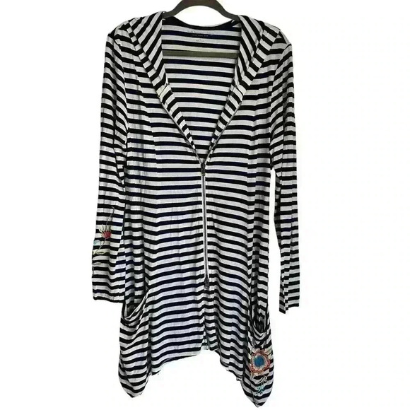 Soft Surroundings Women’s M Navy White Striped ZIP Front Hood Tunic Embroidered - Picture 1 of 9